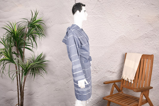 Herren Kapuzenbademantel aus türkischem Handtuchstoff mit Indigo-Streifen