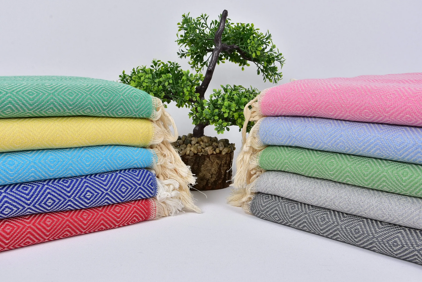 Throw Blanket Turkish Cotton Beige Diamond Pattern, 79x91 Inches