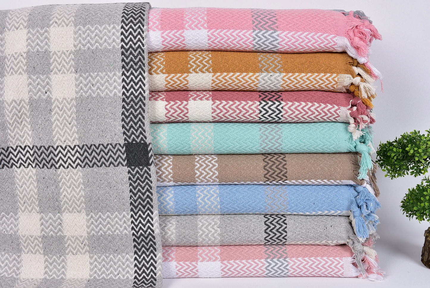 Turkish Throw Blanket Striped Bedspread Beige, 79x91 Inches