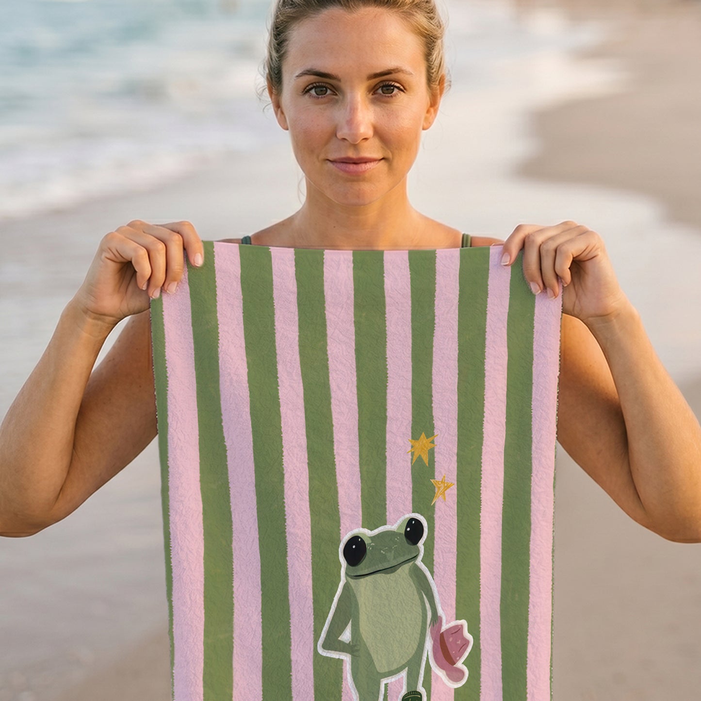 Striped Frog Charm Printed Towel