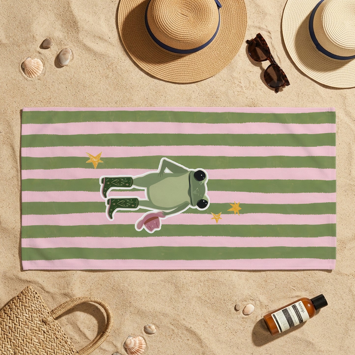 Striped Frog Charm Printed Towel