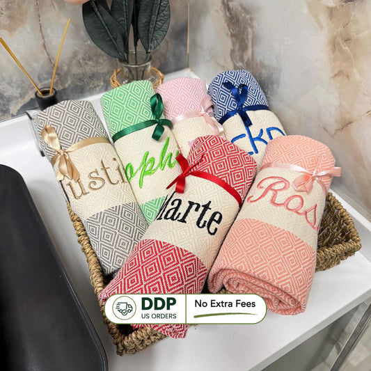 Personalized Turkish Cotton Beach Towel: Handwoven Wedding Favor
