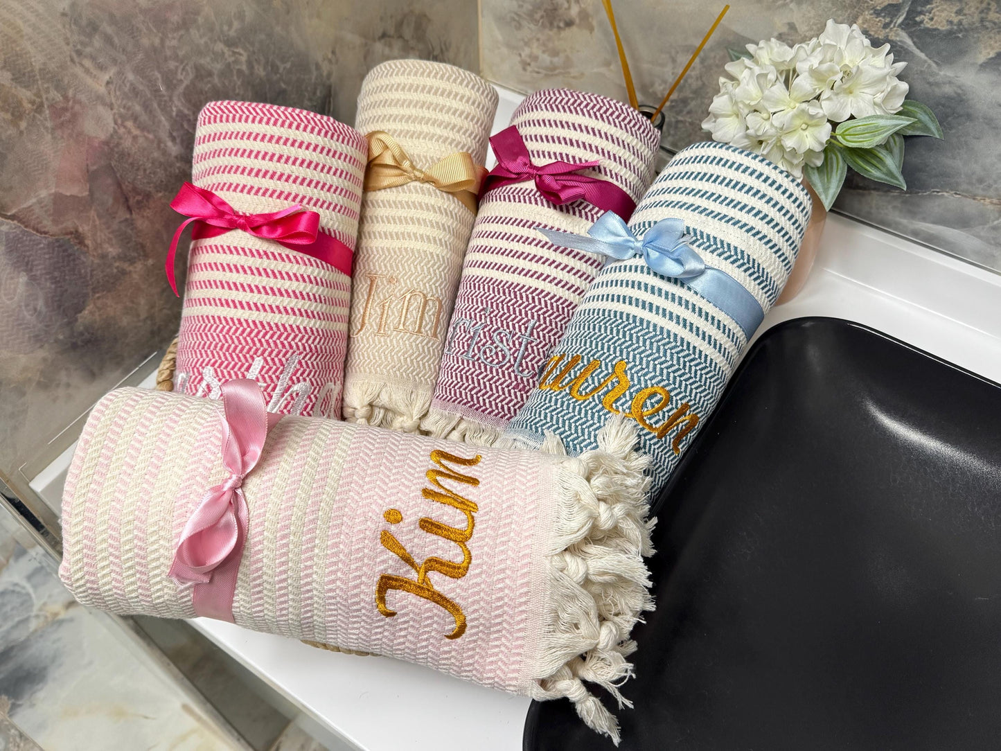 Personalized Turkish Beach Towel: Embroidered Cotton Peshtemal Gift