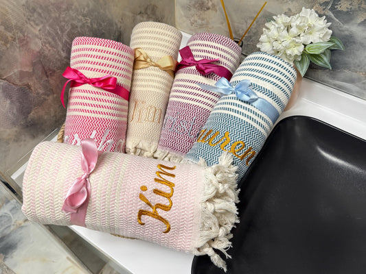 Personalized Turkish Beach Towel: Embroidered Cotton Peshtemal Gift
