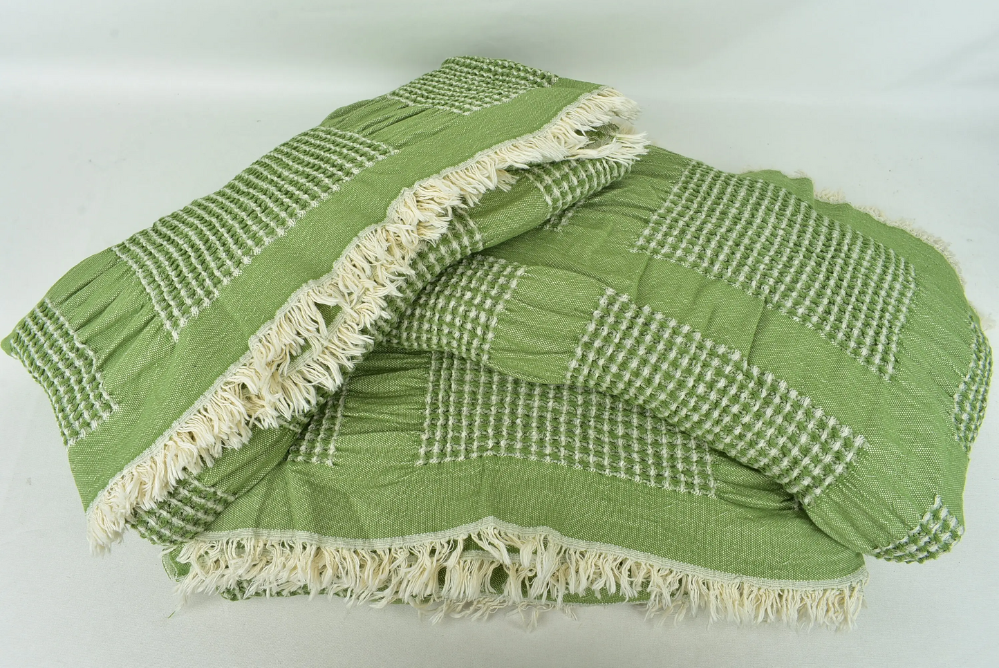 Large Turkish Cotton Towel, Khaki Green Blanket, Waffle Throw, 79x83 Inches