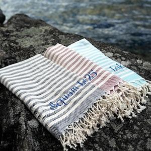 Handwoven Turkish Cotton Towel Hand Size and Beach/Bath Size: Personalized Embroidery Gift.