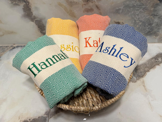 Personalized Turkish Beach Towel, Handwoven Cotton Peshtemal, Bridesmaid Wedding Gift