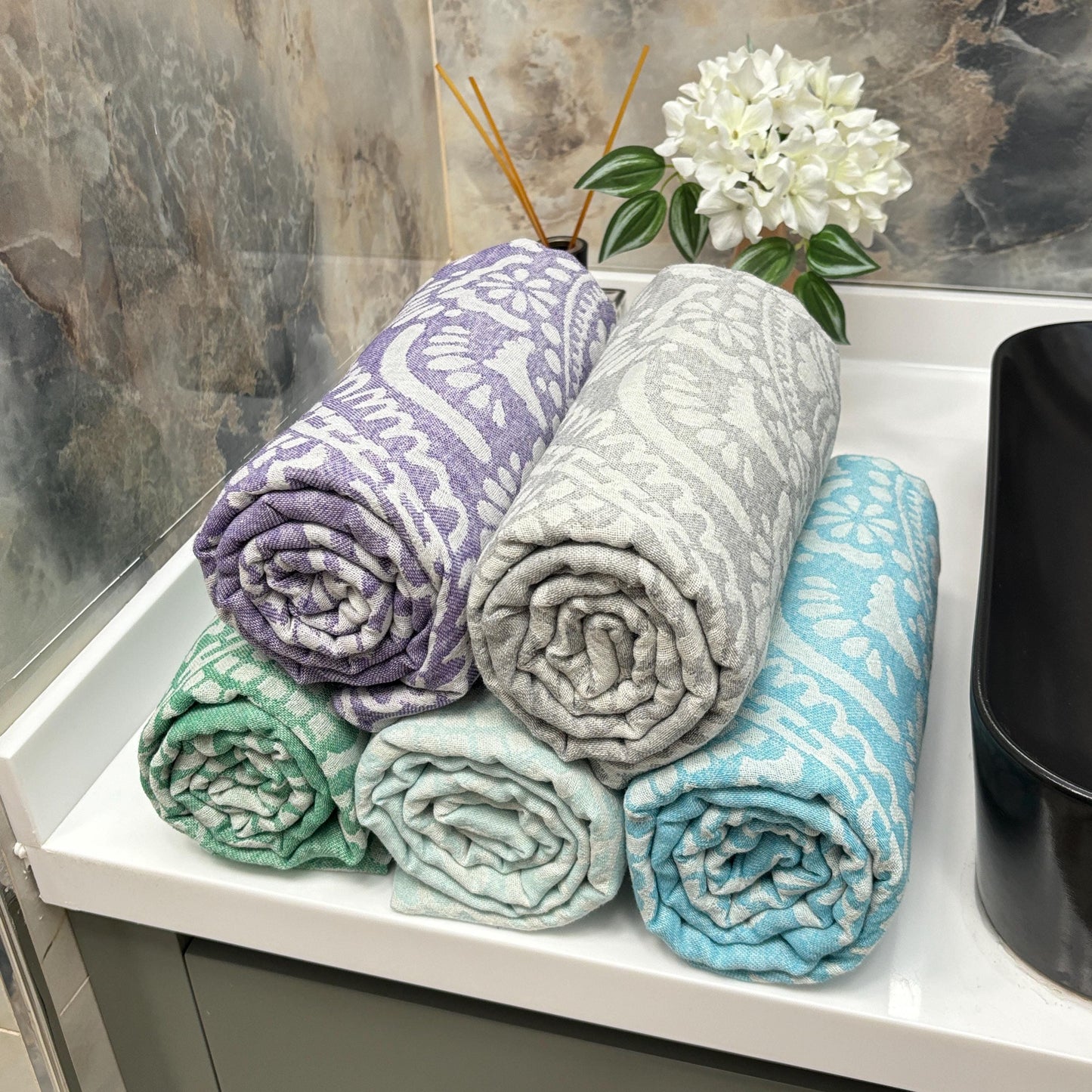 Floral Turkish Towel: 100% Cotton Peshtemal, Custom Embroidery Available