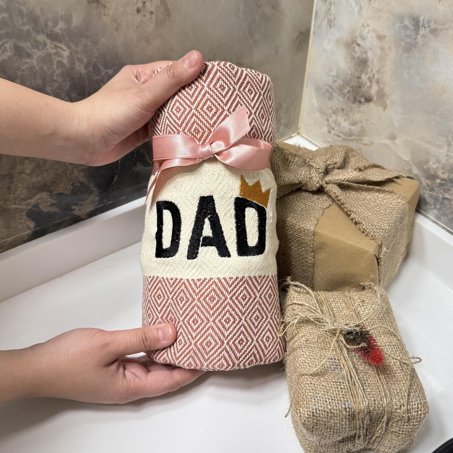 Personalized Dad Gift Set: Turkish Cotton Towel with Custom Embroidery