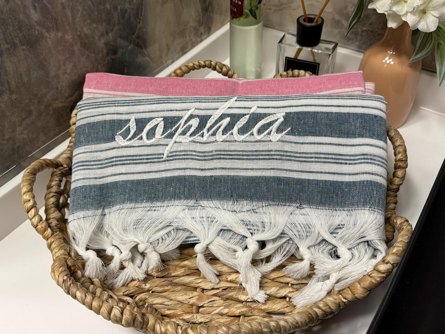 Personalized Turkish Beach Towel: Handwoven Cotton Peshtemal, Custom Embroidery