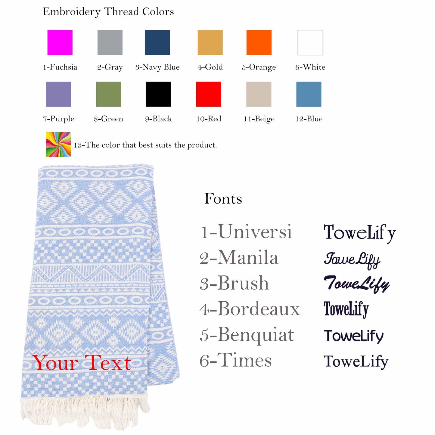 Embroidered Turkish Cotton Beach Towel: Personalized Hammam Gift