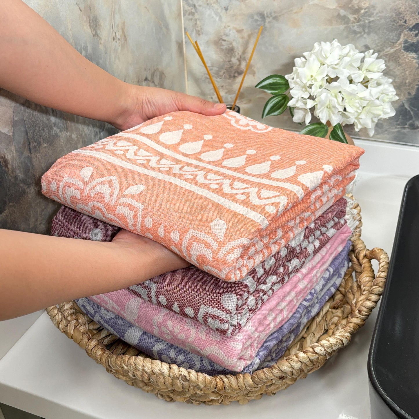 Floral Turkish Towel: 100% Cotton Peshtemal, Custom Embroidery Available