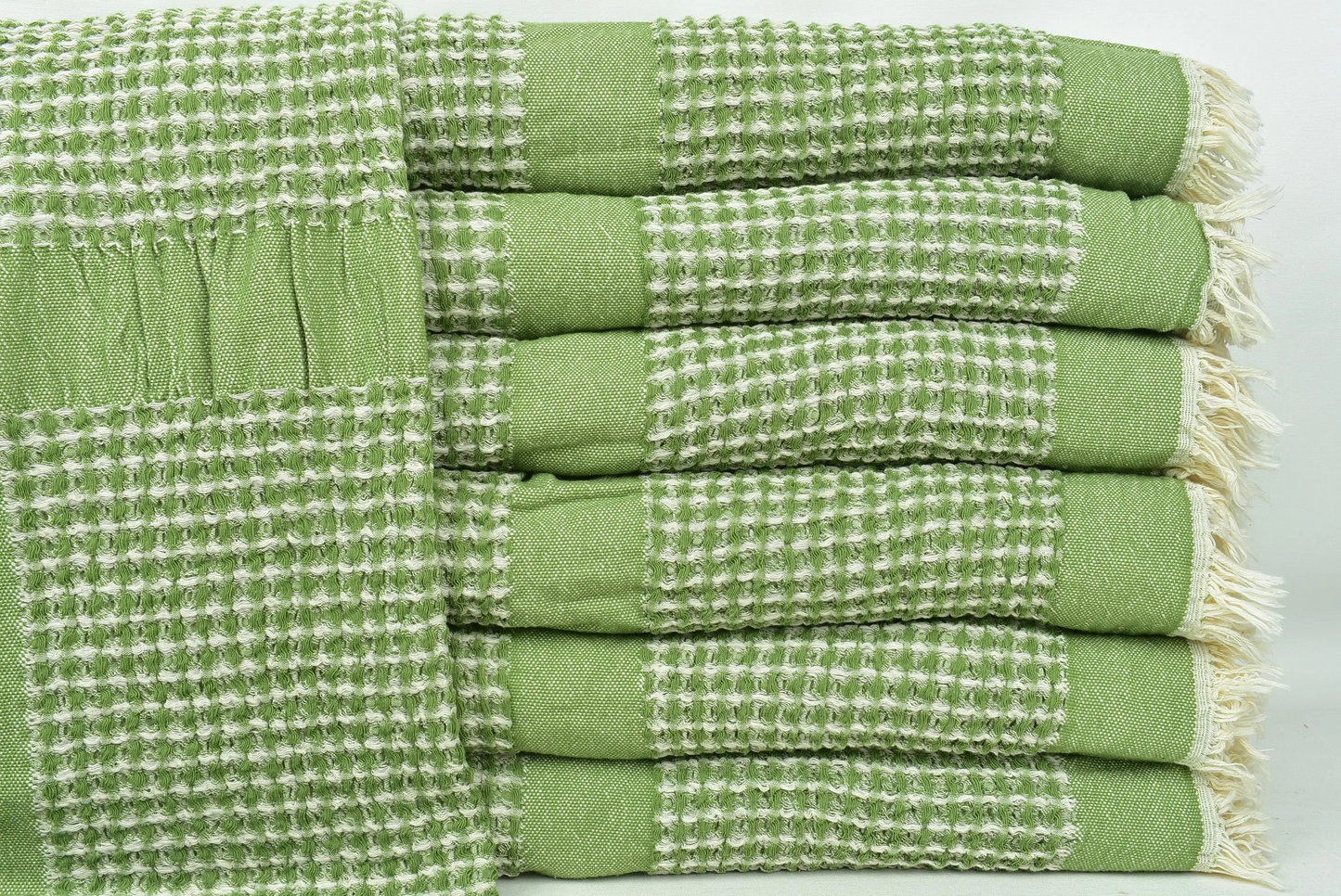 Large Turkish Cotton Towel, Khaki Green Blanket, Waffle Throw, 79x83 Inches