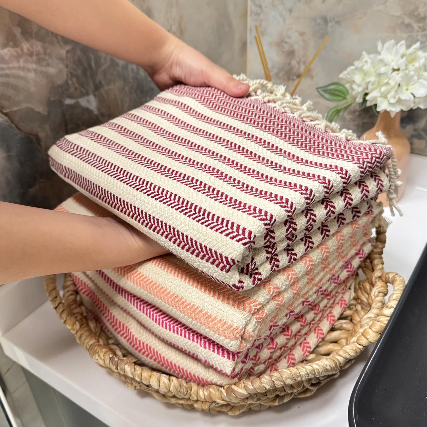 Handwoven Turkish Cotton Towel Hand Size and Beach/Bath Size: Personalized Embroidery Gift.