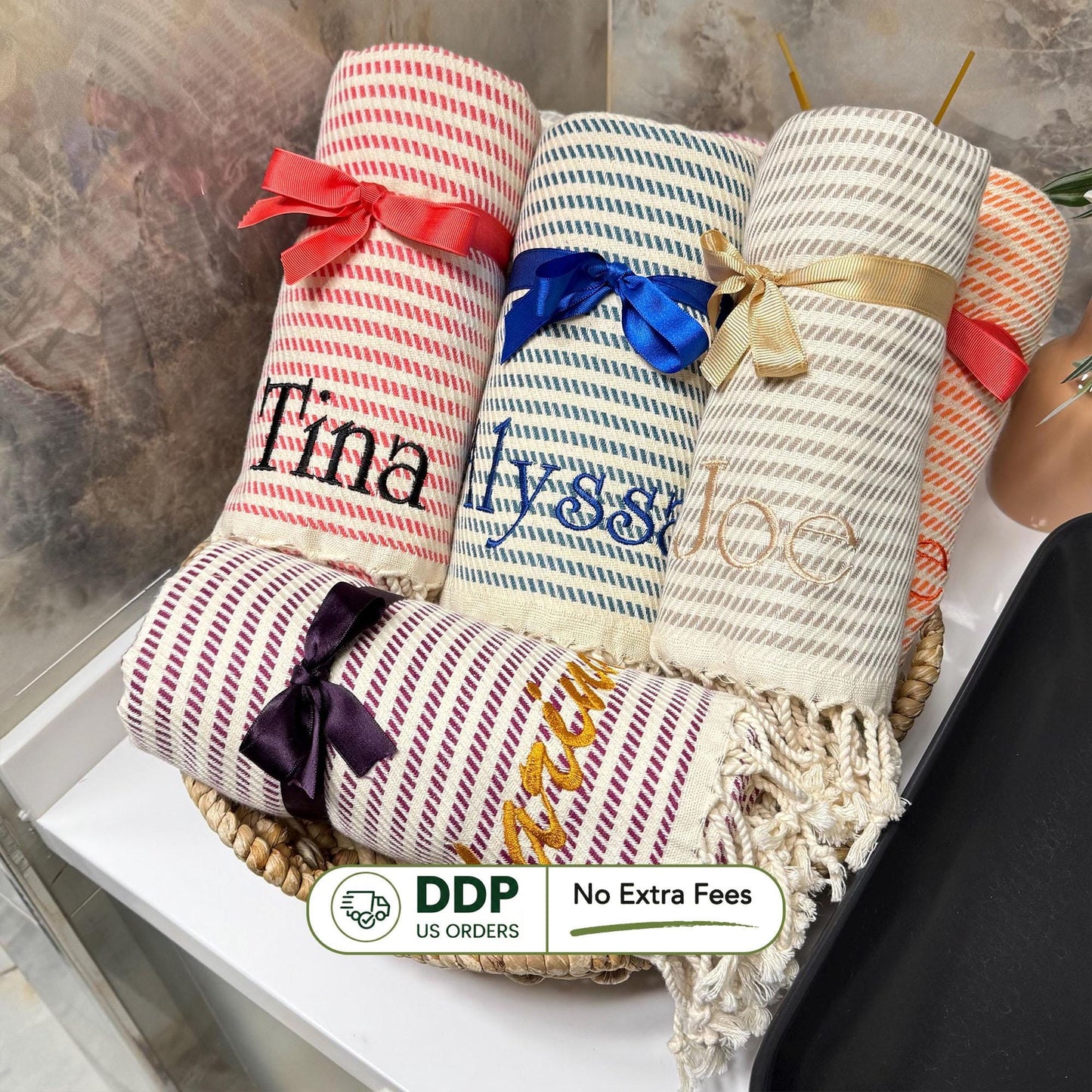 Personalized Turkish Cotton Beach Towel: Embroidered Monogram Gift