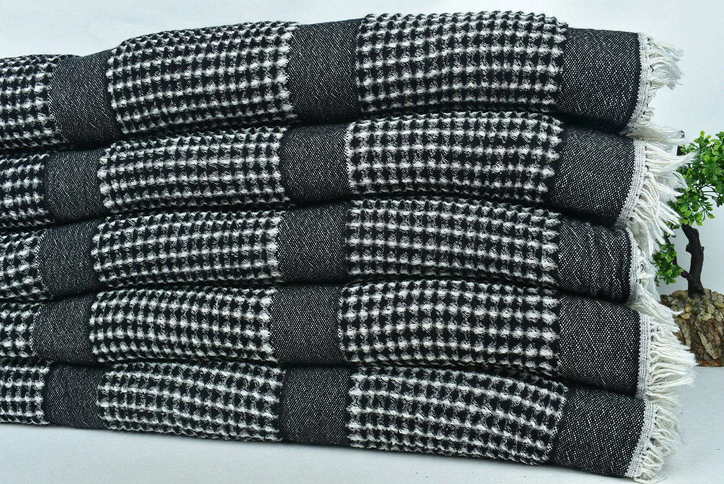 Bedcover Turkish Bedspread Black Throw Waffle Blanket, 79x83 Inches
