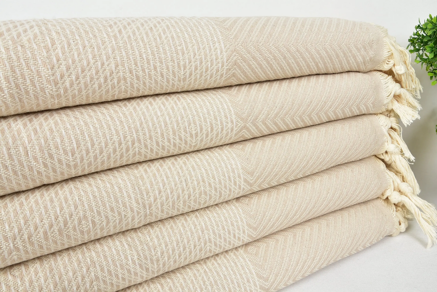 Beige Diamond Design Turkish Blanket, 78x94 Inches, Cotton, Coastal