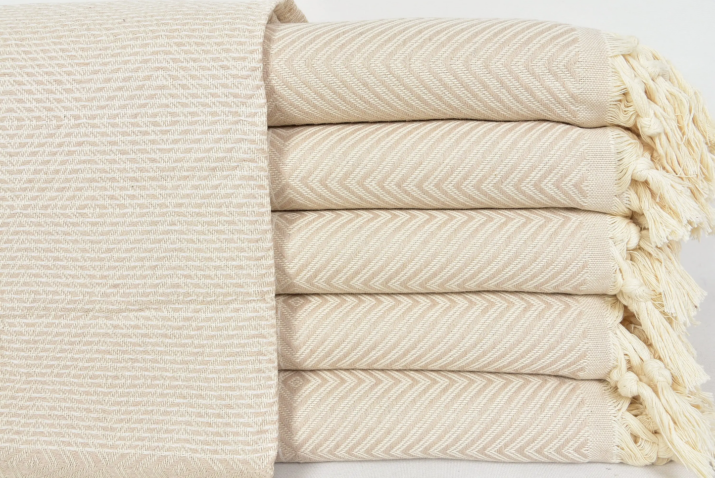 Beige Diamond Design Turkish Blanket, 78x94 Inches, Cotton, Coastal