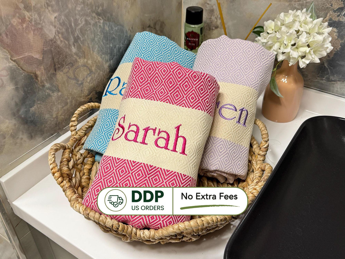Personalized Turkish Beach Towel: Embroidered Cotton Peshtemal Gift