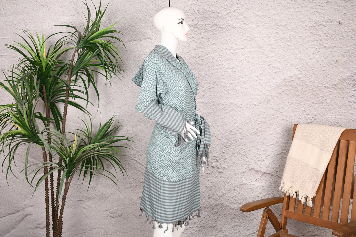 Aqua Mint Diamond Hooded Turkish Towel Robe for Women