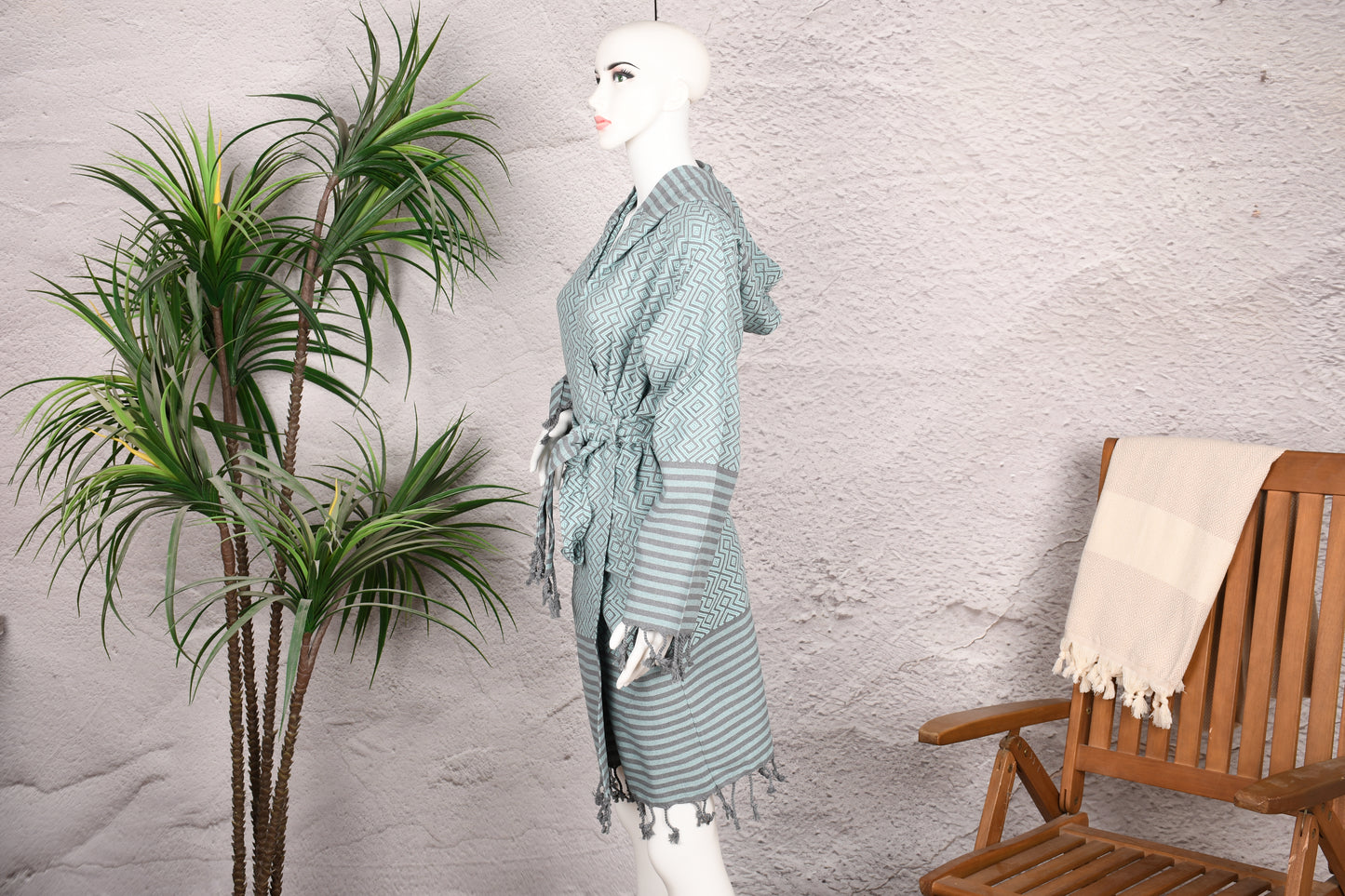 Aqua Mint Diamond Hooded Turkish Towel Robe for Women