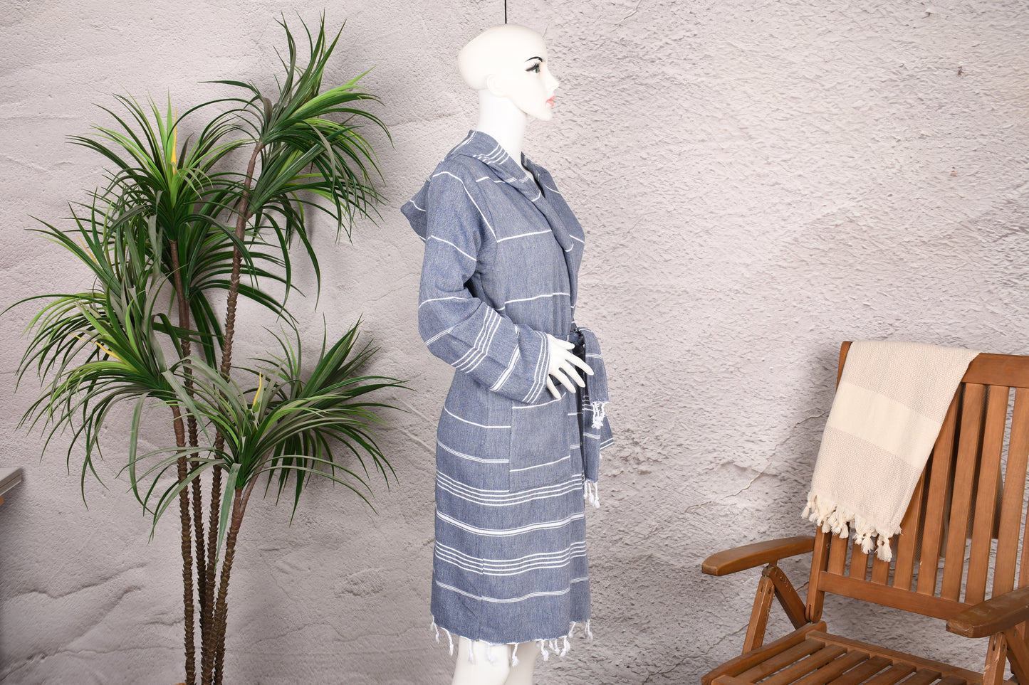 Steel Blue Stripe Hooded Turkish Towel Robe for Women