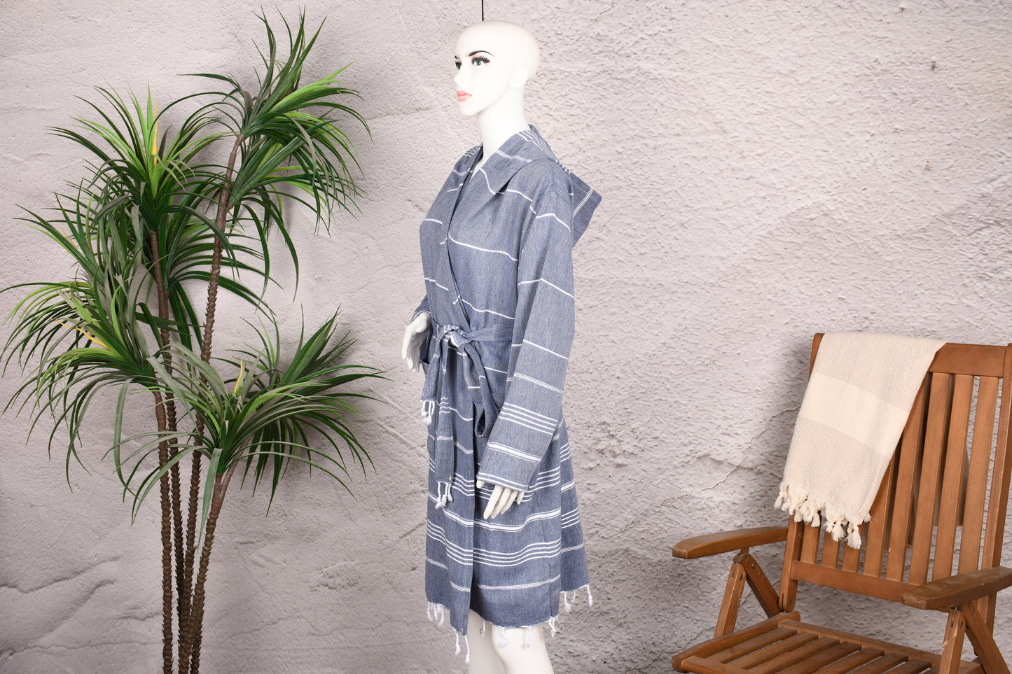 Steel Blue Stripe Hooded Turkish Towel Robe for Women