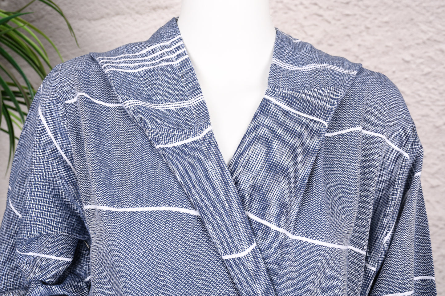 Steel Blue Stripe Hooded Turkish Towel Robe for Women