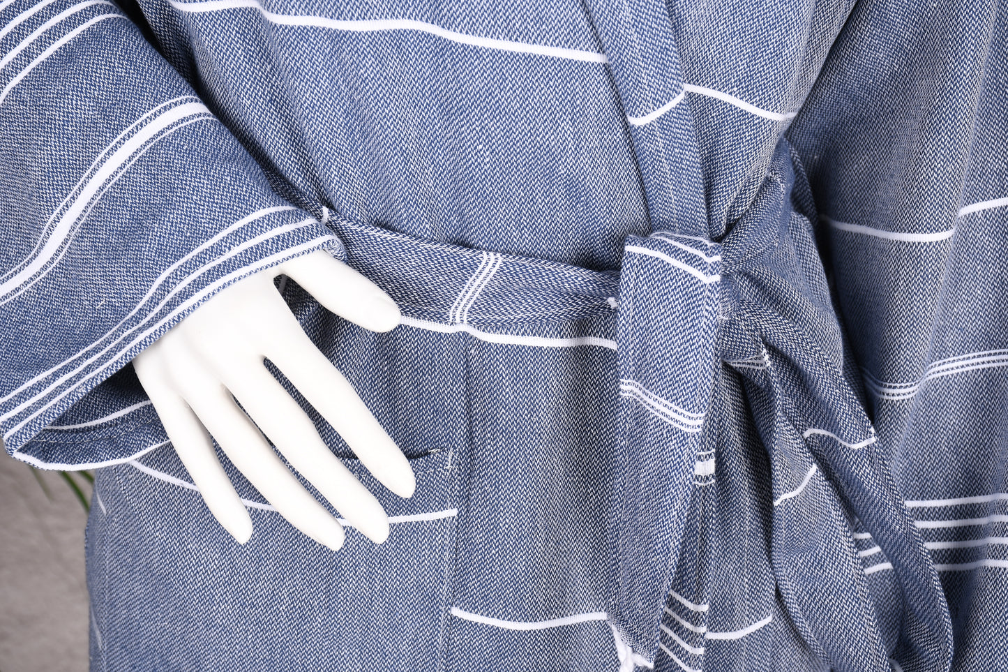 Steel Blue Stripe Hooded Turkish Towel Robe for Women