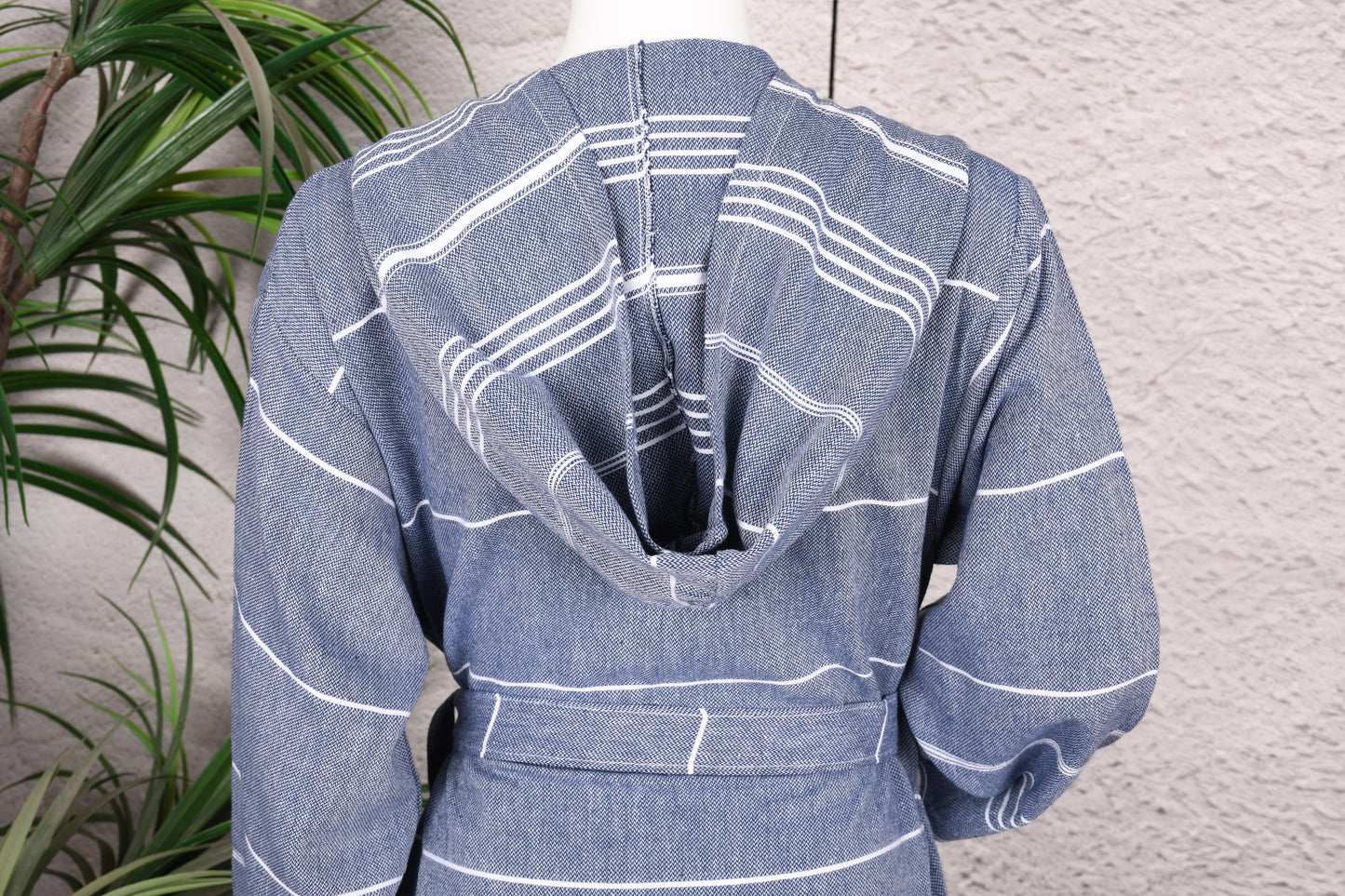Steel Blue Stripe Hooded Turkish Towel Robe for Women