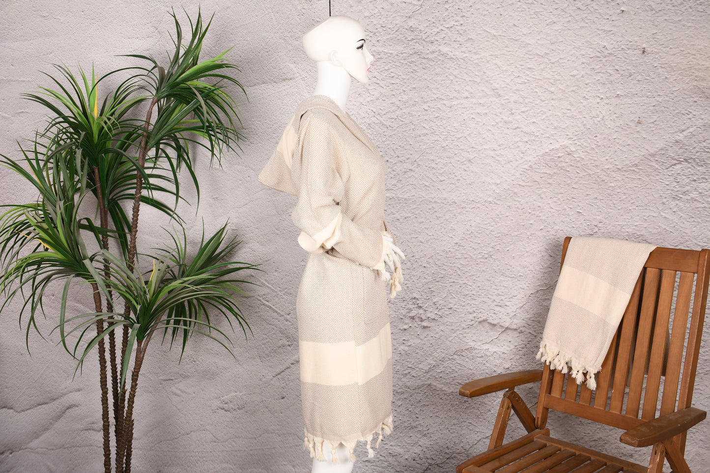 Natural Beige Diamond Hooded Turkish Towel Robe for Women