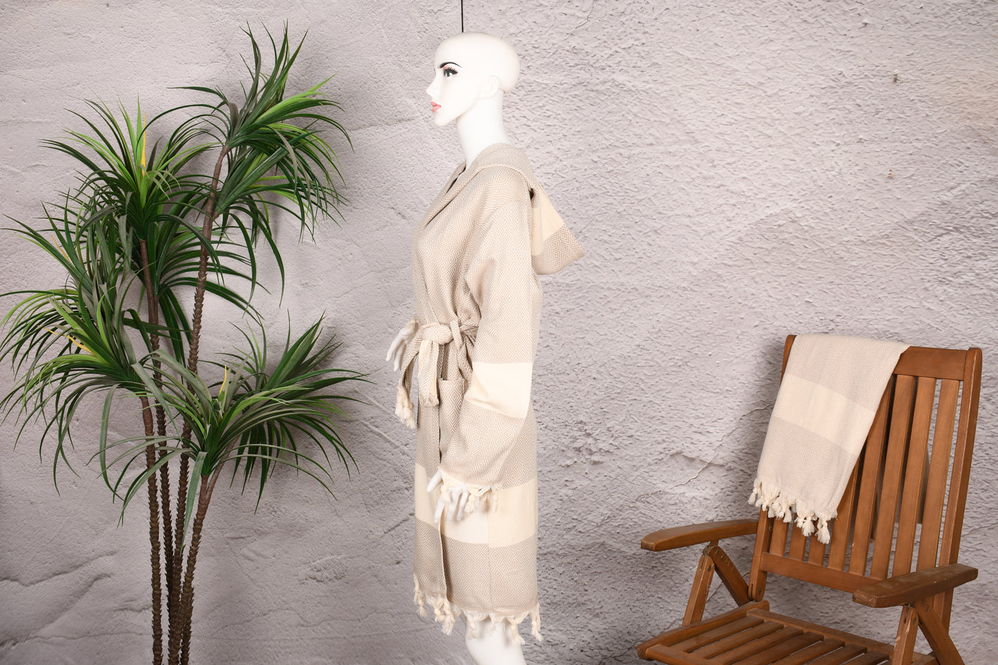 Natural Beige Diamond Hooded Turkish Towel Robe for Women