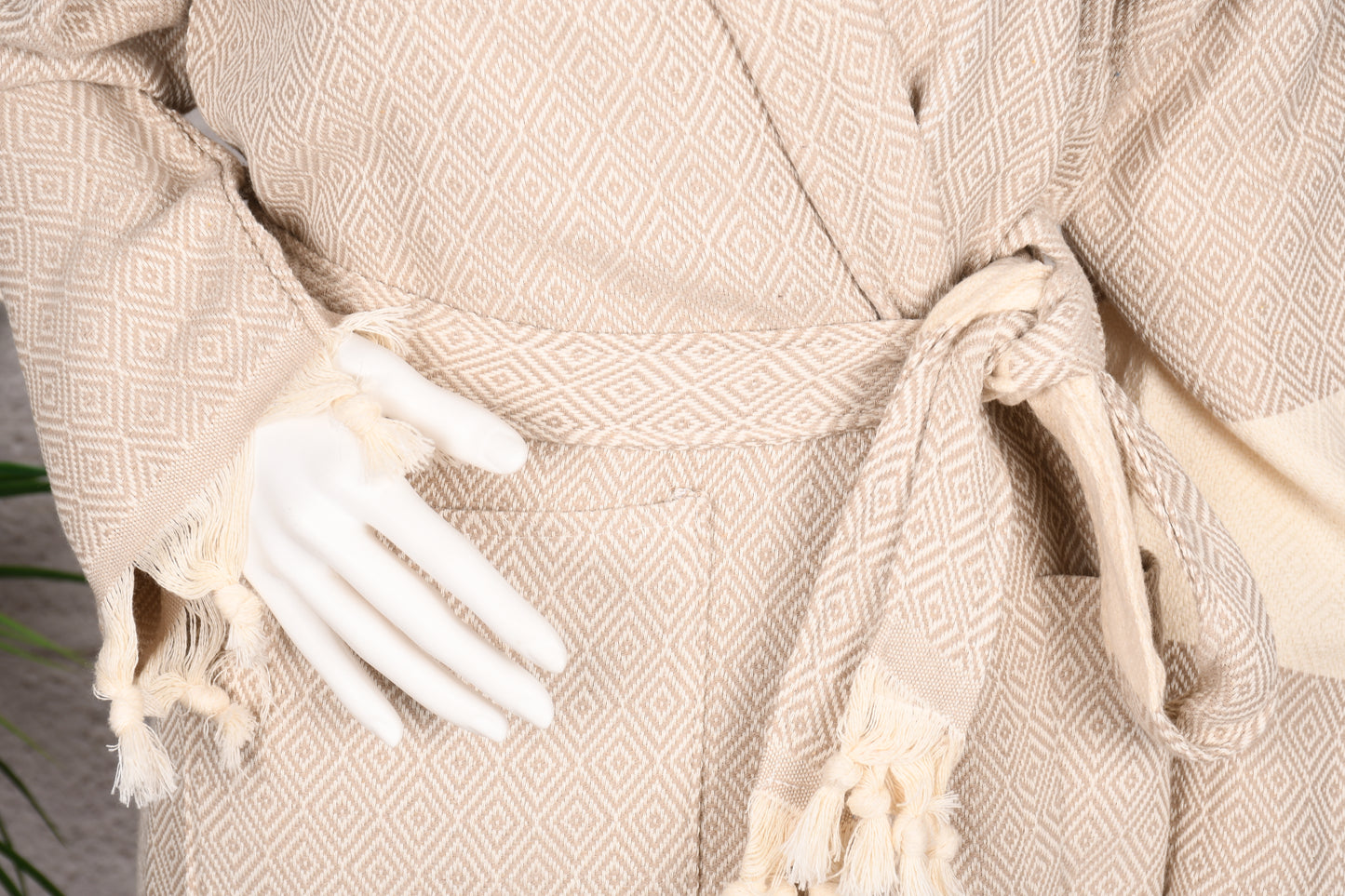 Natural Beige Diamond Hooded Turkish Towel Robe for Women