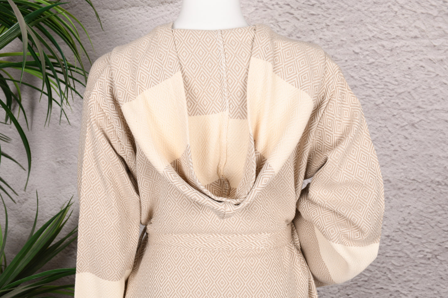 Natural Beige Diamond Hooded Turkish Towel Robe for Women