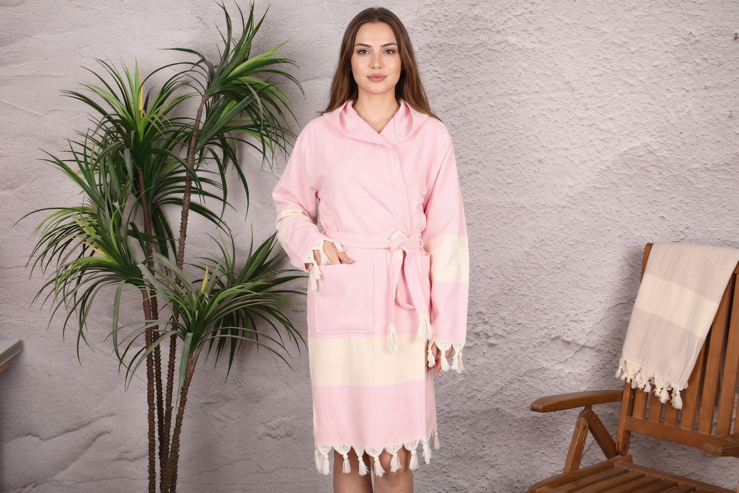 Blush Pink Colorblock Hooded Turkish Towel Robe for Women
