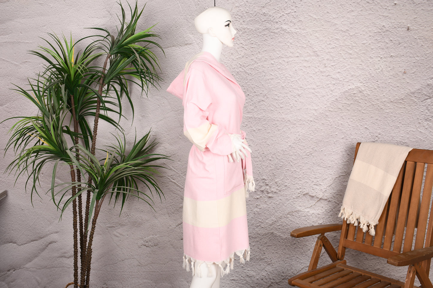 Blush Pink Colorblock Hooded Turkish Towel Robe for Women