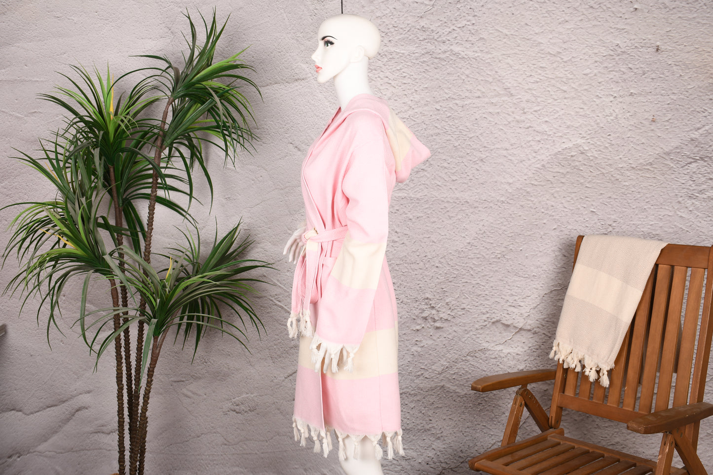 Blush Pink Colorblock Hooded Turkish Towel Robe for Women