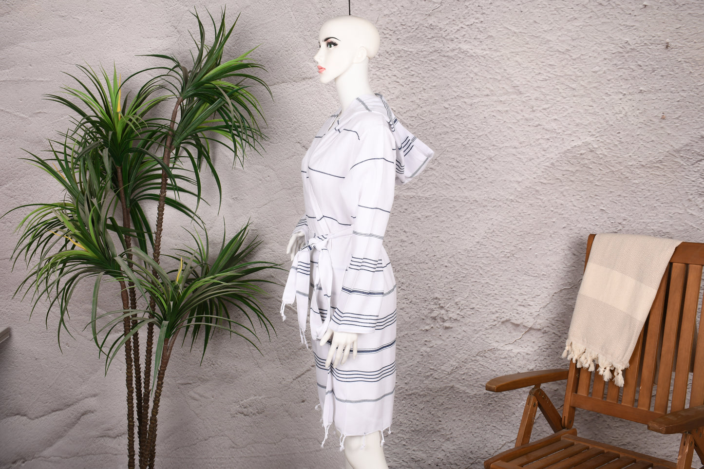 White Navy Stripe Hooded Turkish Towel Robe for Women