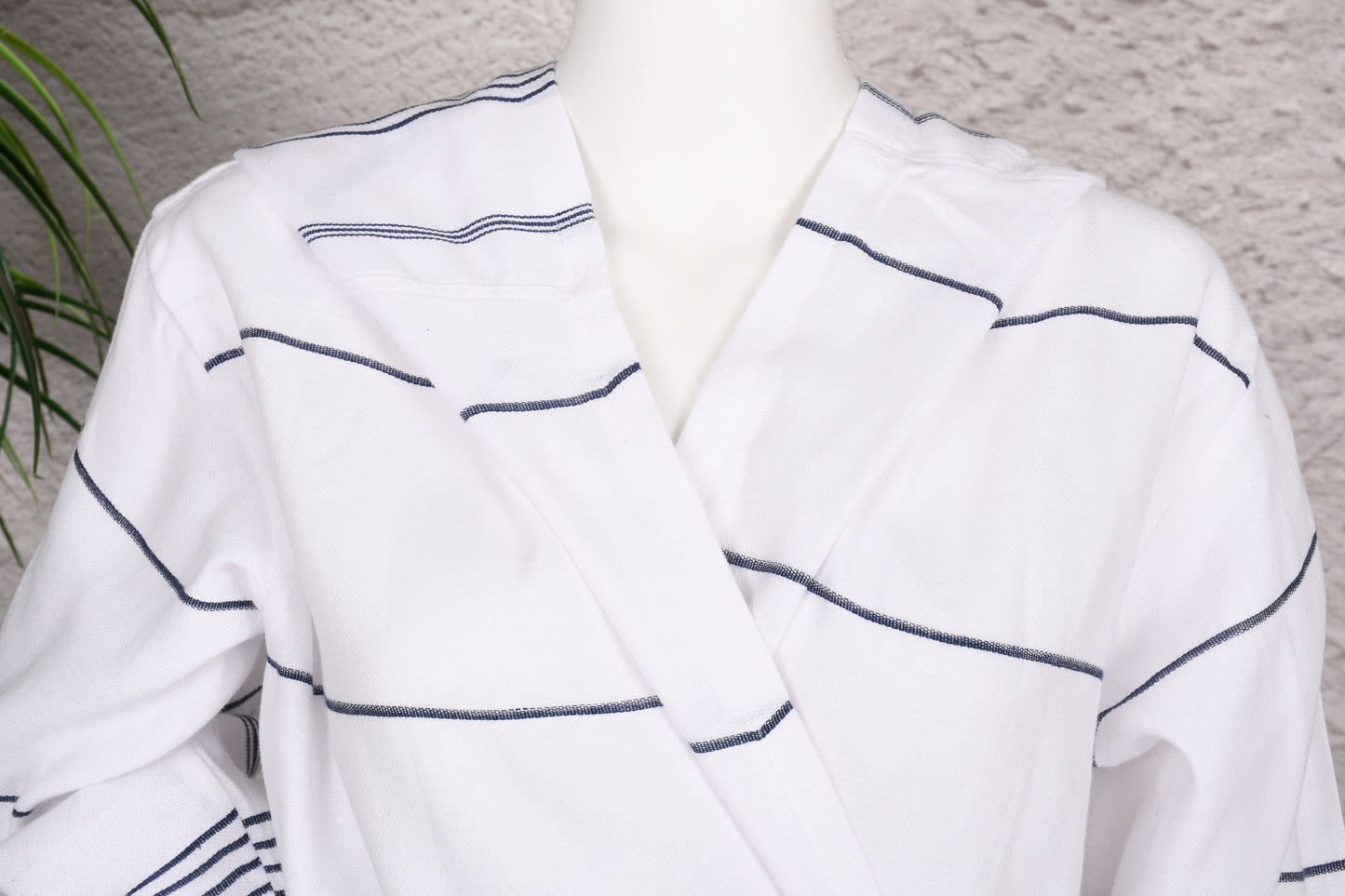 White Navy Stripe Hooded Turkish Towel Robe for Women