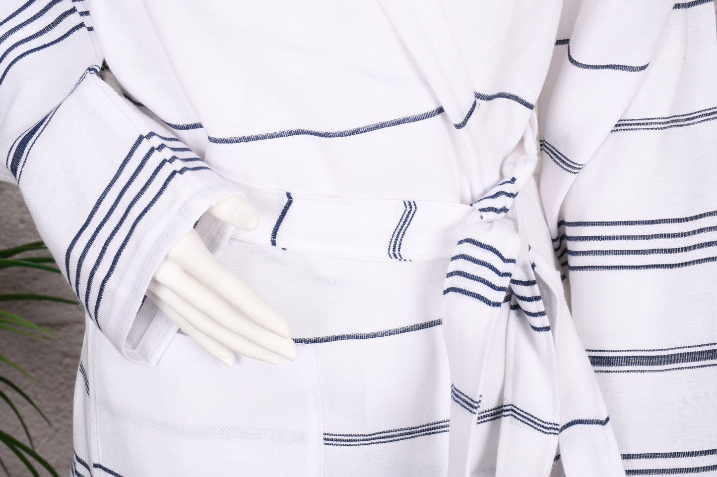 White Navy Stripe Hooded Turkish Towel Robe for Women
