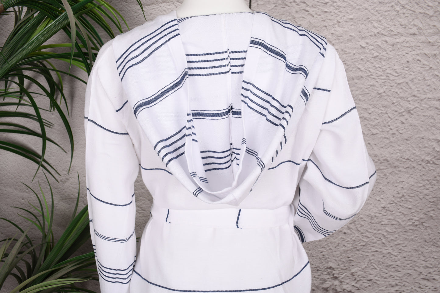 White Navy Stripe Hooded Turkish Towel Robe for Women