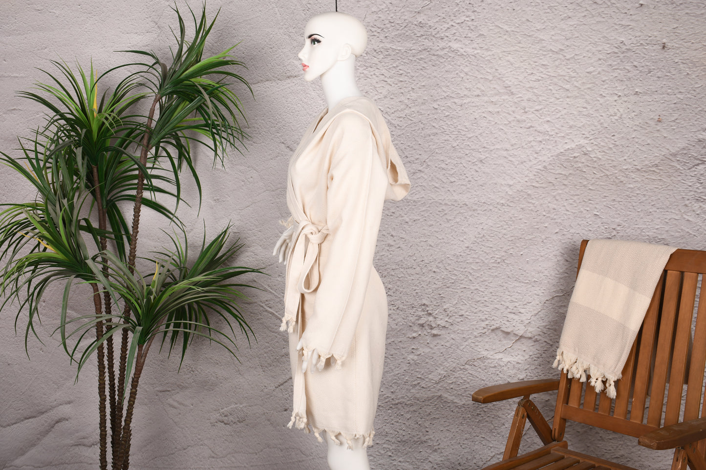 Natural Cream Hooded Turkish Towel Robe for Women