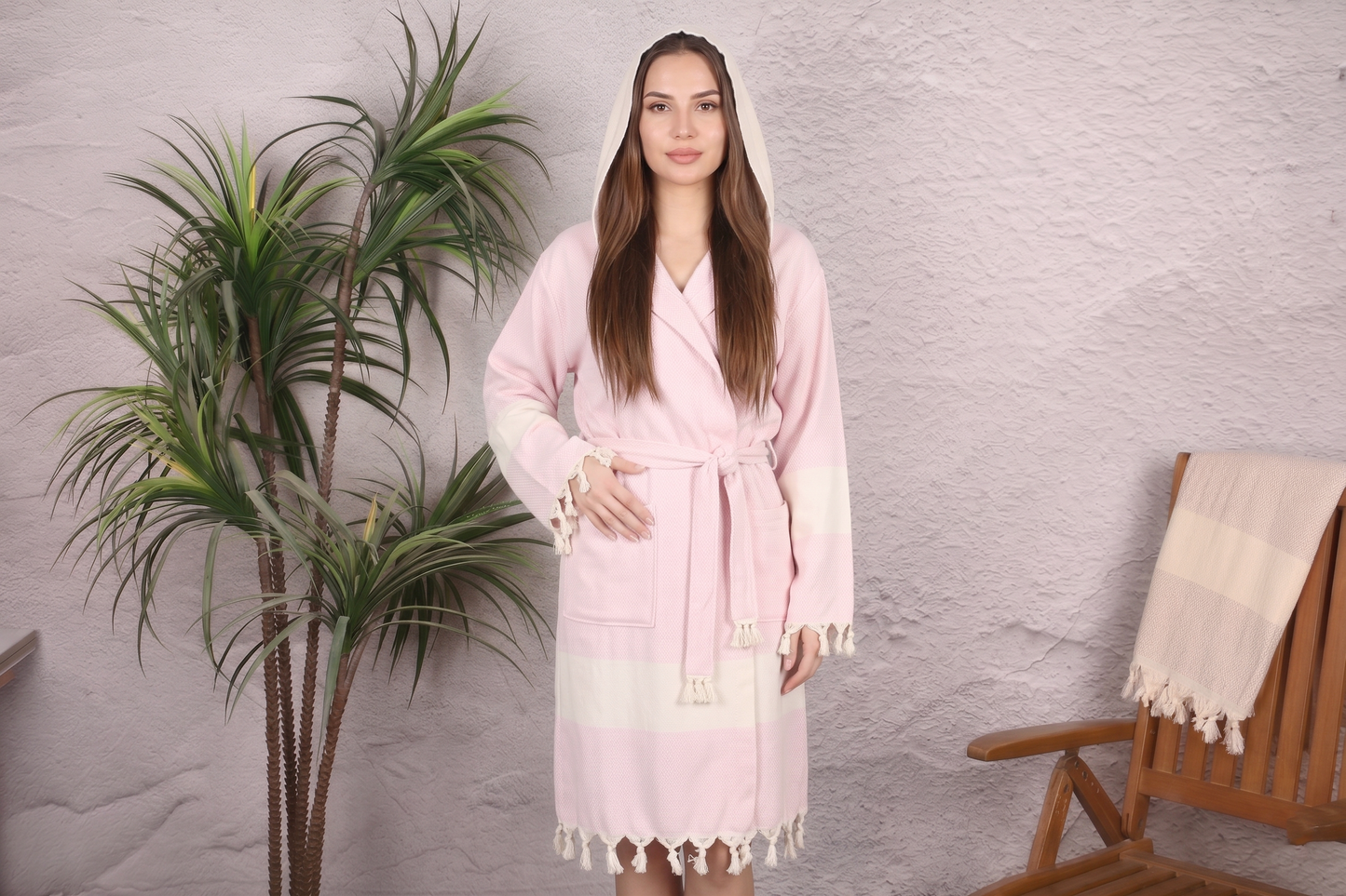 Soft Pink Diamond Hooded Turkish Towel Robe for Women