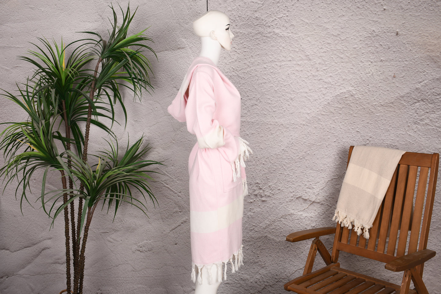 Soft Pink Diamond Hooded Turkish Towel Robe for Women