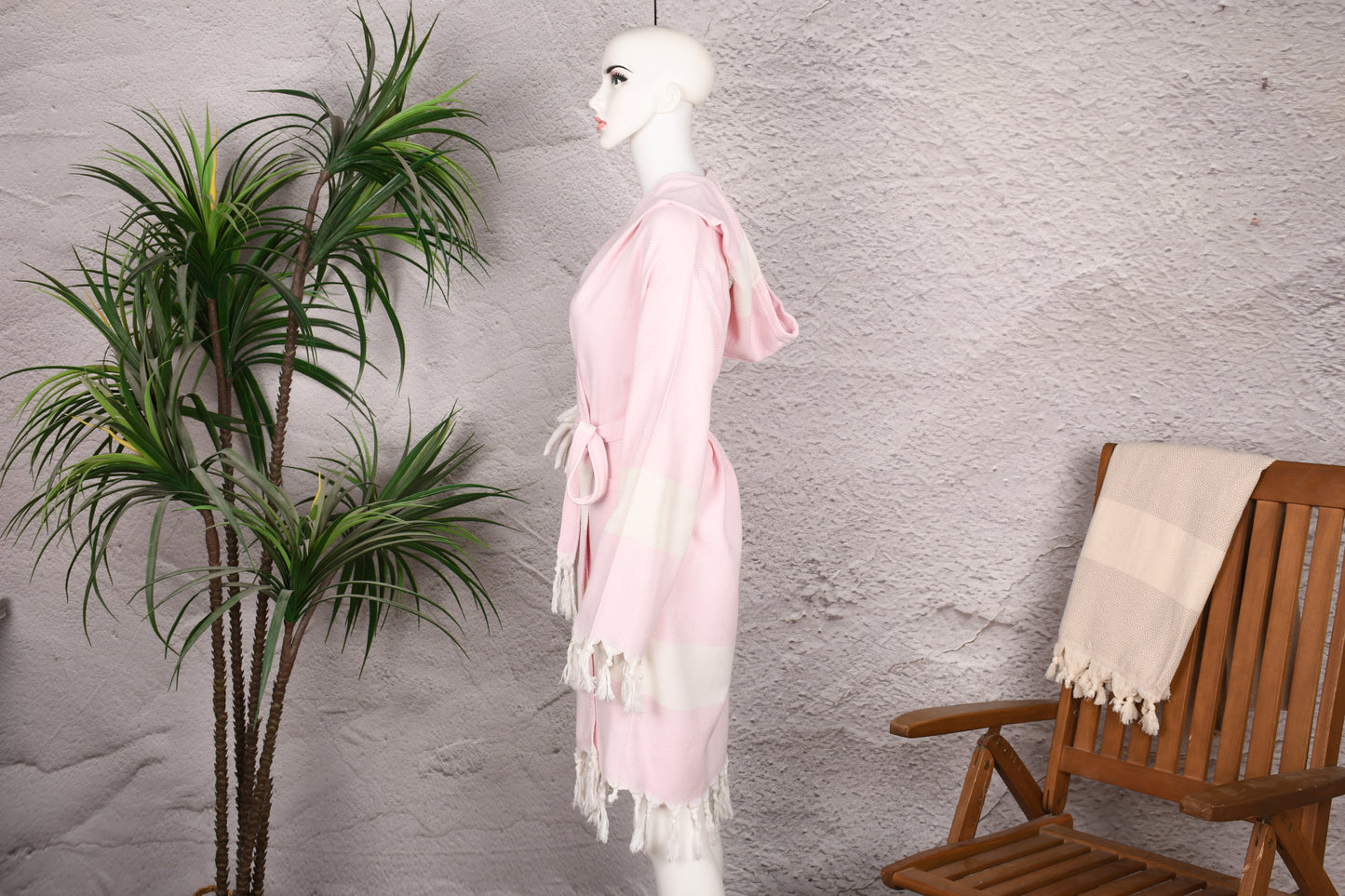 Soft Pink Diamond Hooded Turkish Towel Robe for Women