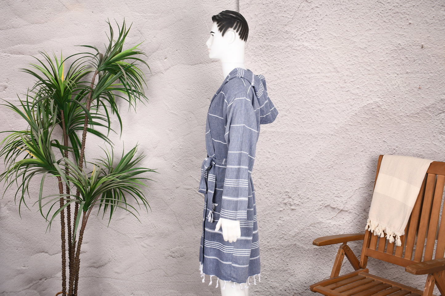 Steel Blue Stripe Hooded Turkish Towel Robe for Men