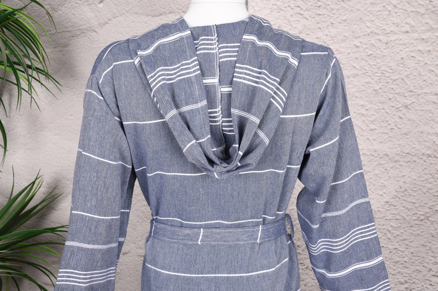 Steel Blue Stripe Hooded Turkish Towel Robe for Men
