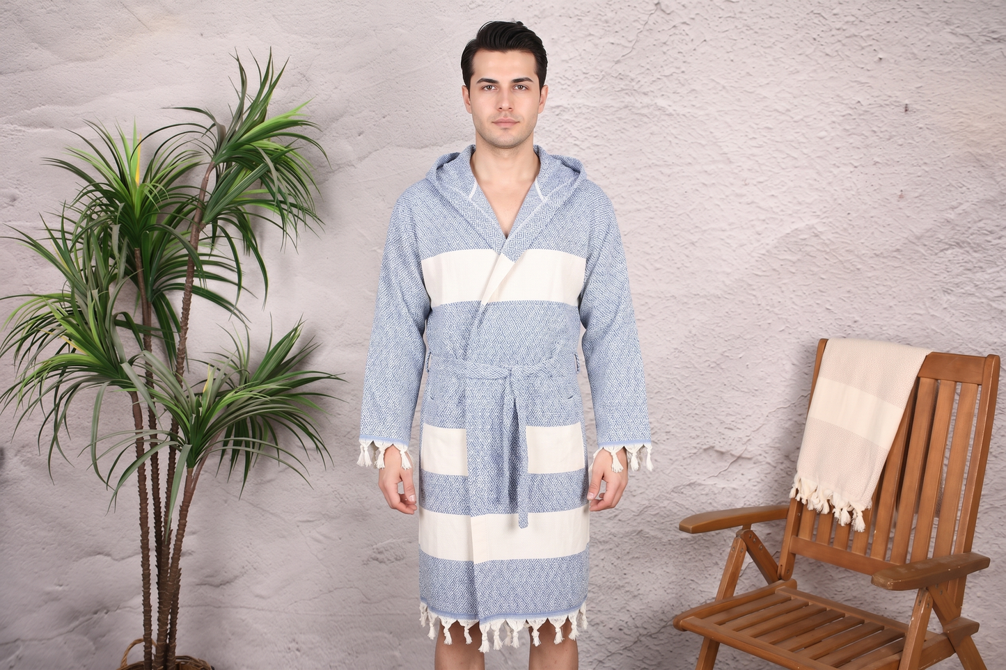 Royal Blue Diamond Hooded Turkish Towel Robe for Men