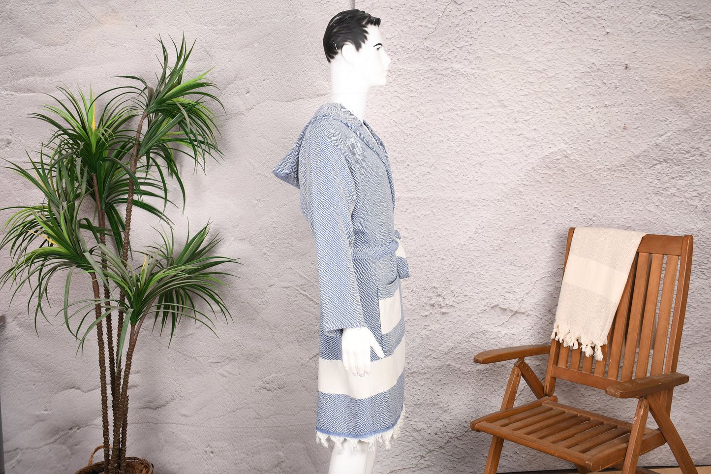 Royal Blue Diamond Hooded Turkish Towel Robe for Men