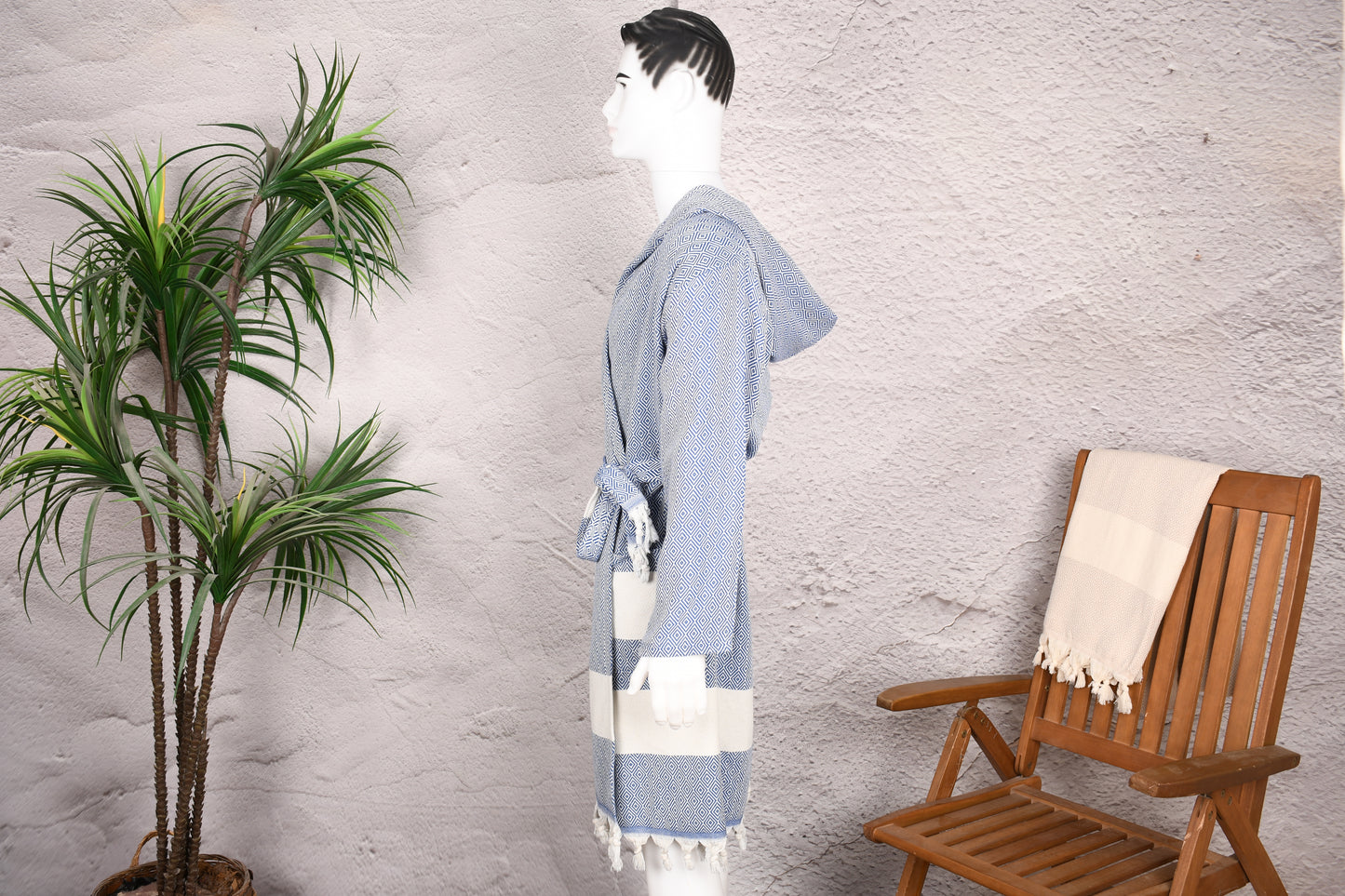 Royal Blue Diamond Hooded Turkish Towel Robe for Men